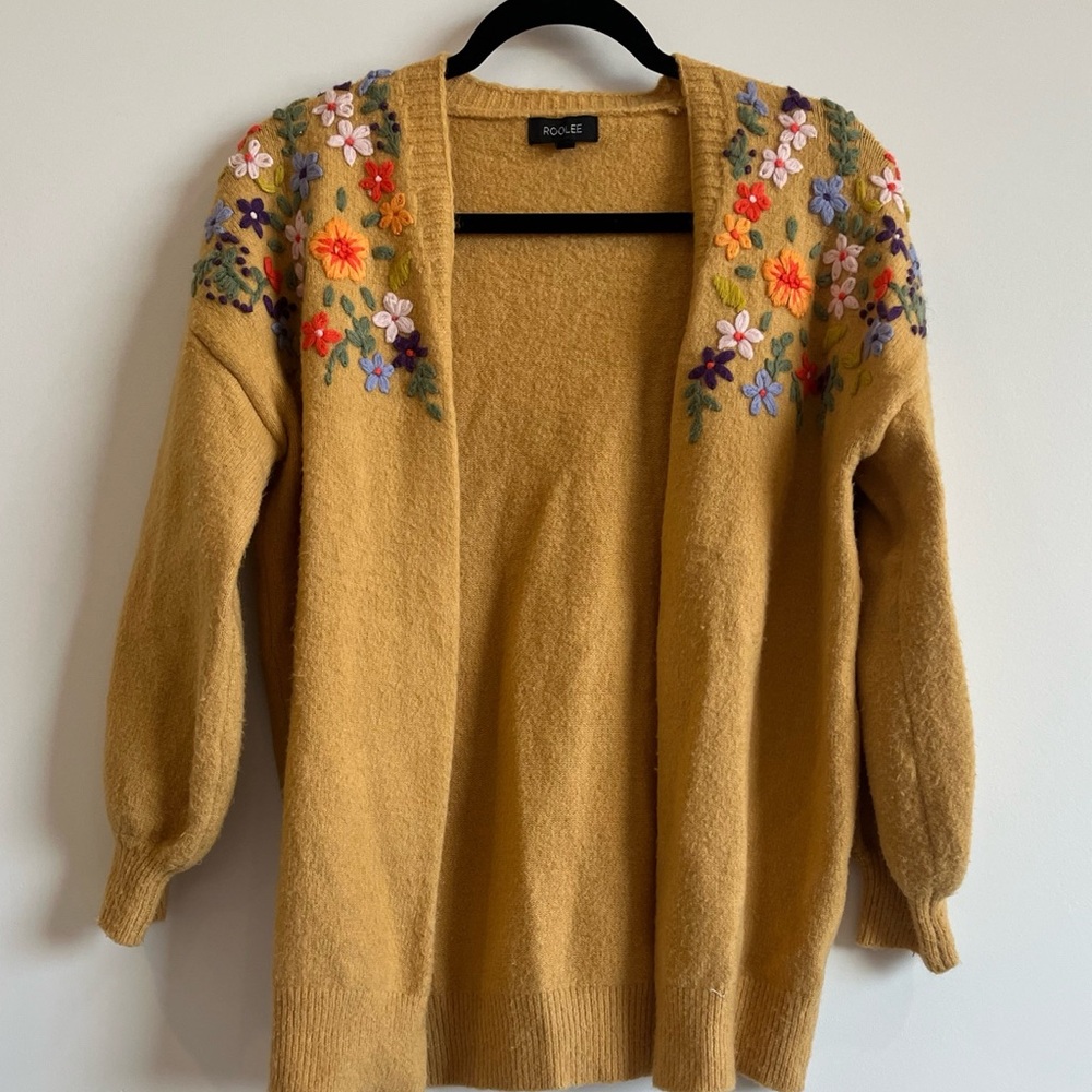 Roolee Mustard Floral Embroidered Cardigan